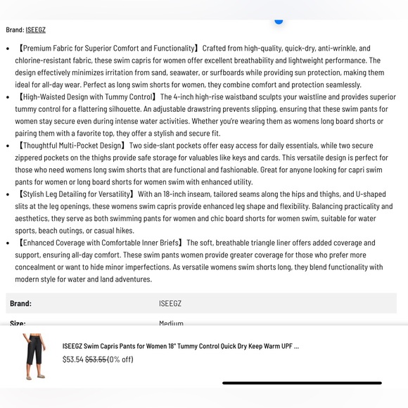 NWT ISEEGZ Swim Capris Pants shorts for Women 18" Tummy Control - Picture 13 of 13